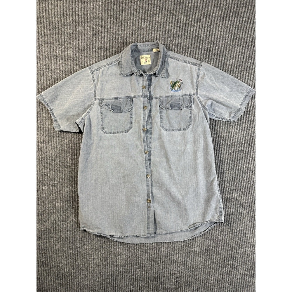 RedHead Men's Gray Chambray Short Sleeve Button-Up Cotton Shirt Fish L - Picture 1 of 8